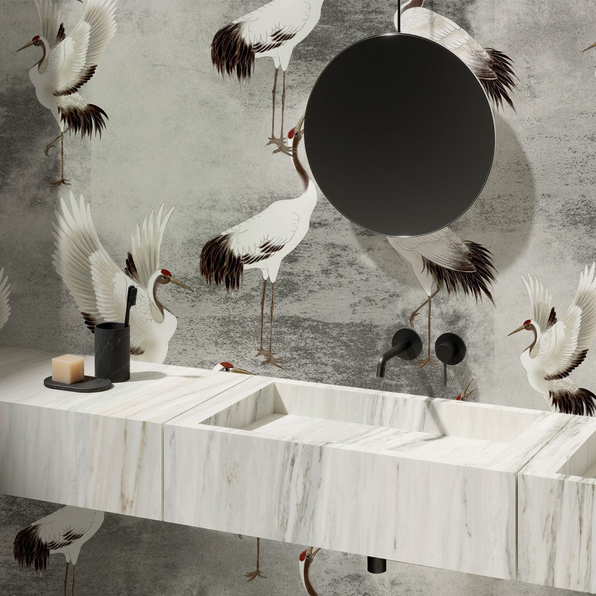 Elegant Cranes on a Gray Background Wallpaper Mural for Use in the Bathroom
