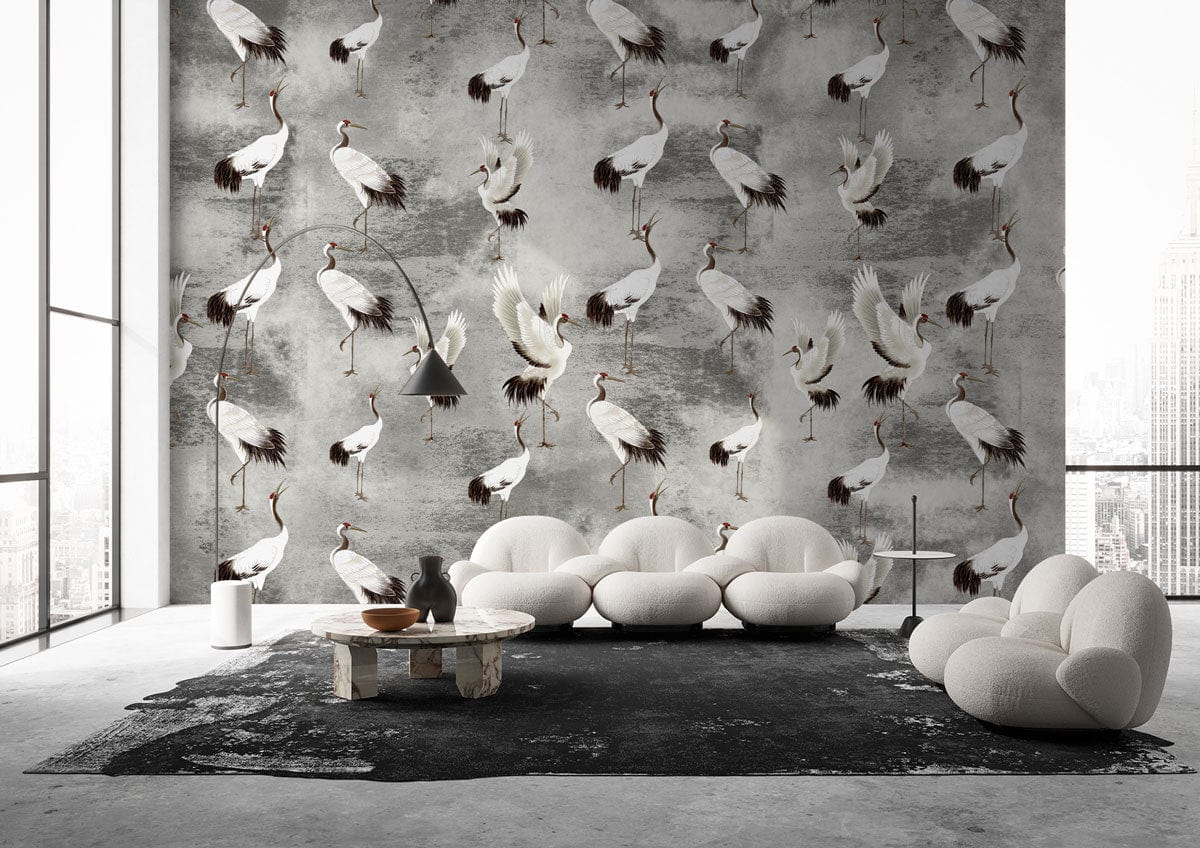 Beautiful Cranes on a Grey Background Mural Wallpaper for the Living Room Design