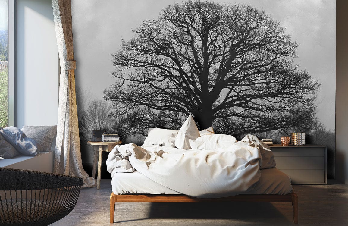 bedroom decor with gray sky and forest wallpaper mural