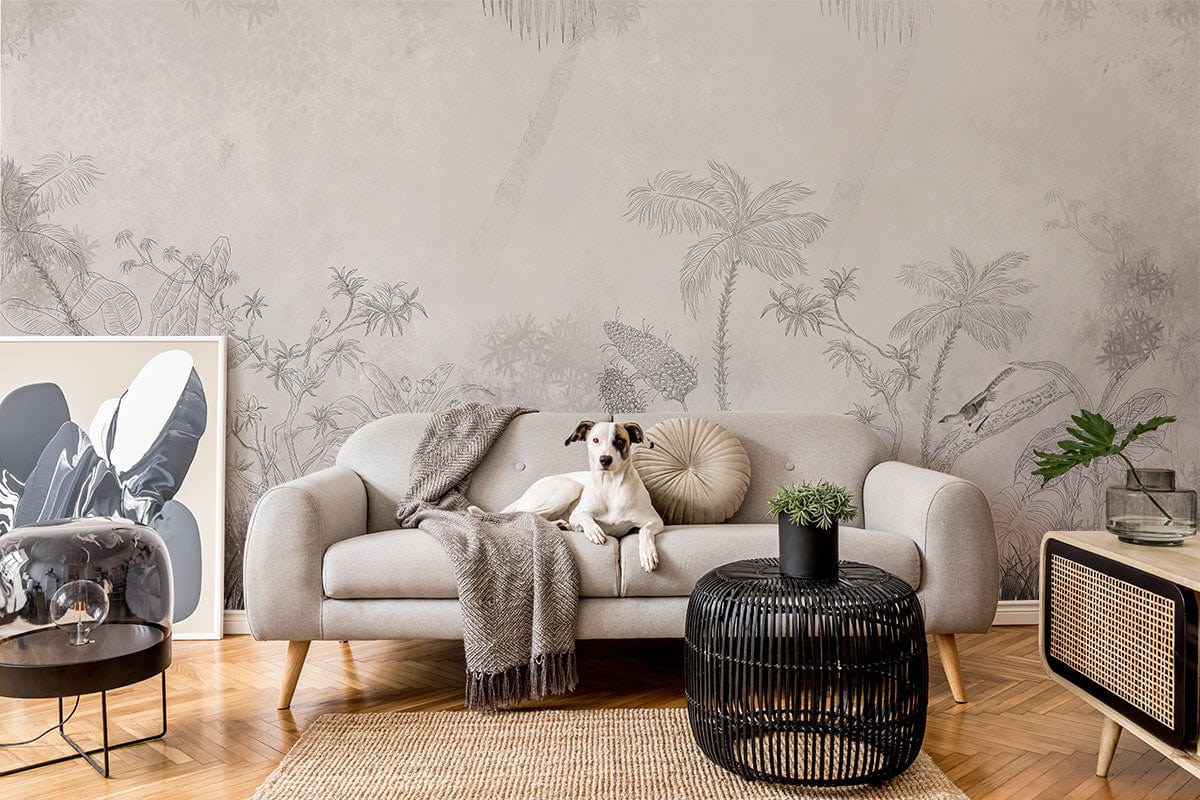Living Room with a Mural Featuring a Grey Forest Wallpaper
