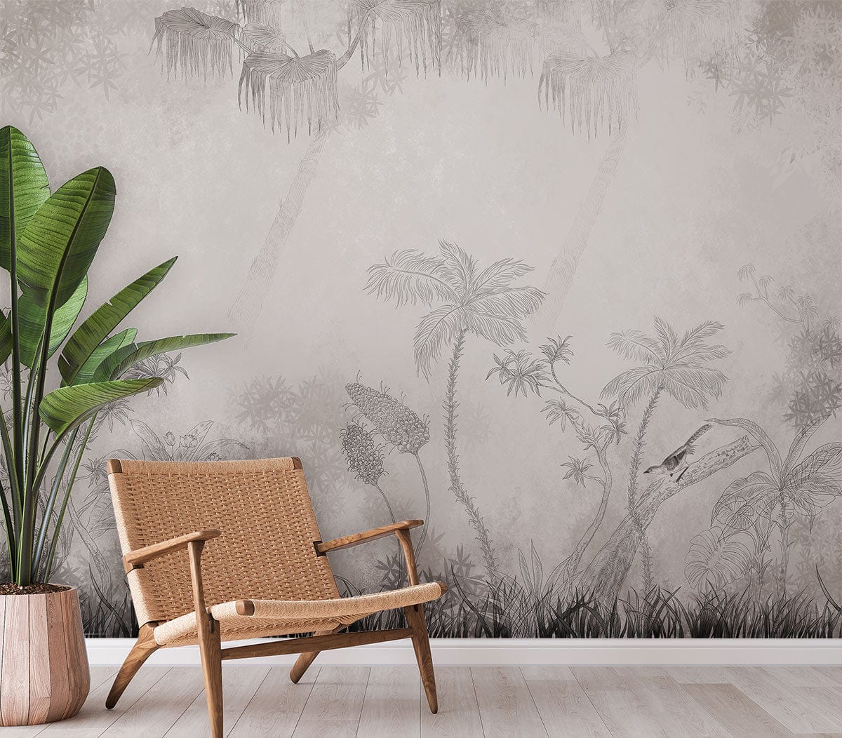 Mural wallpaper in the living room with a grey forest motif