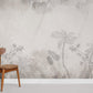 Wallpaper mural in the room that is a hazy grey forest.
