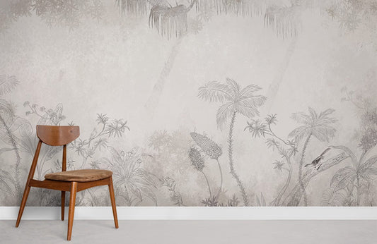 Wallpaper mural in the room that is a hazy grey forest.