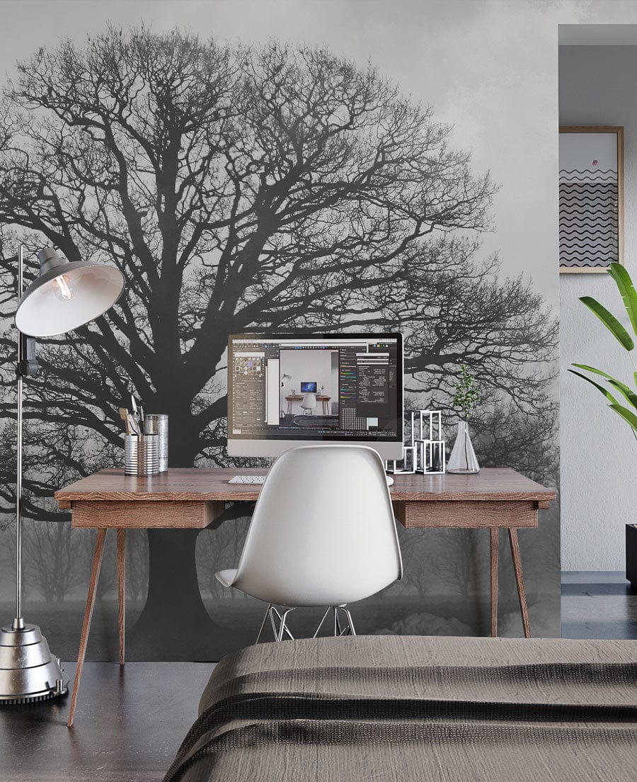 Trees and a forest in gray adorn this home-office wallpaper painting