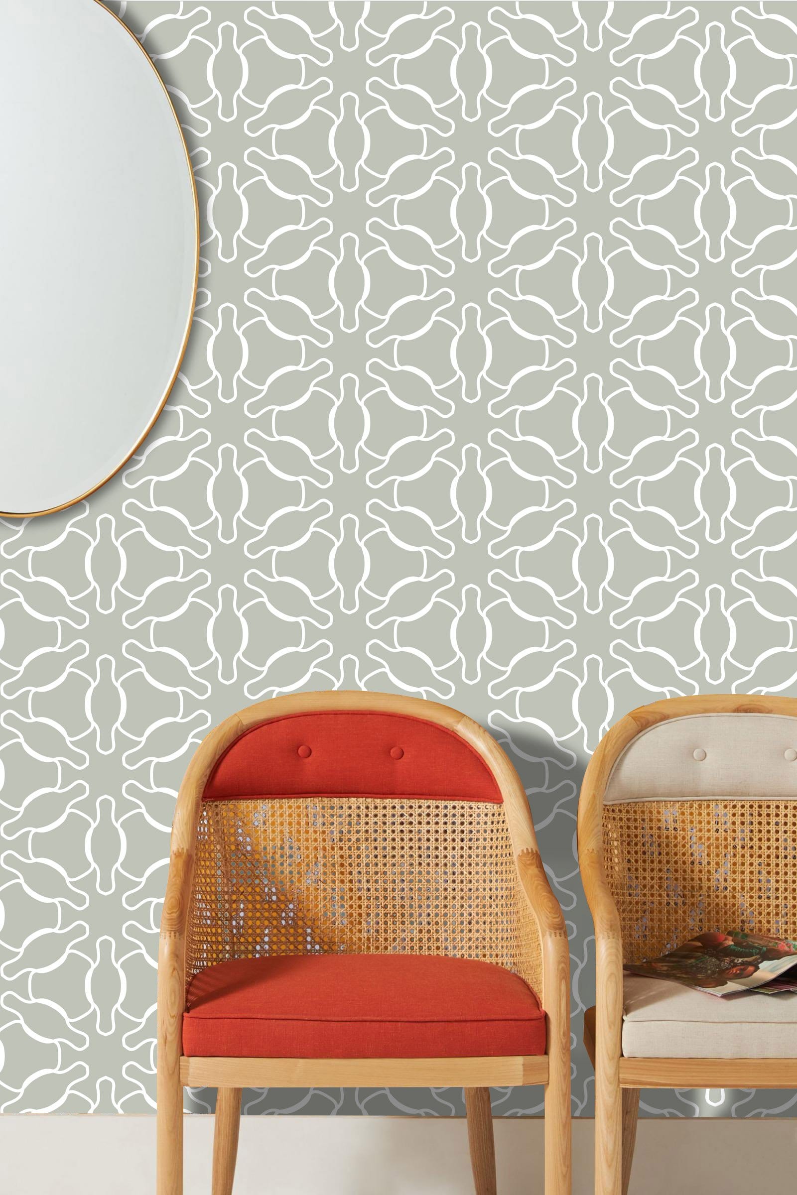 Wallpaper mural with a geometric flower pattern for use in decorating the hallway
