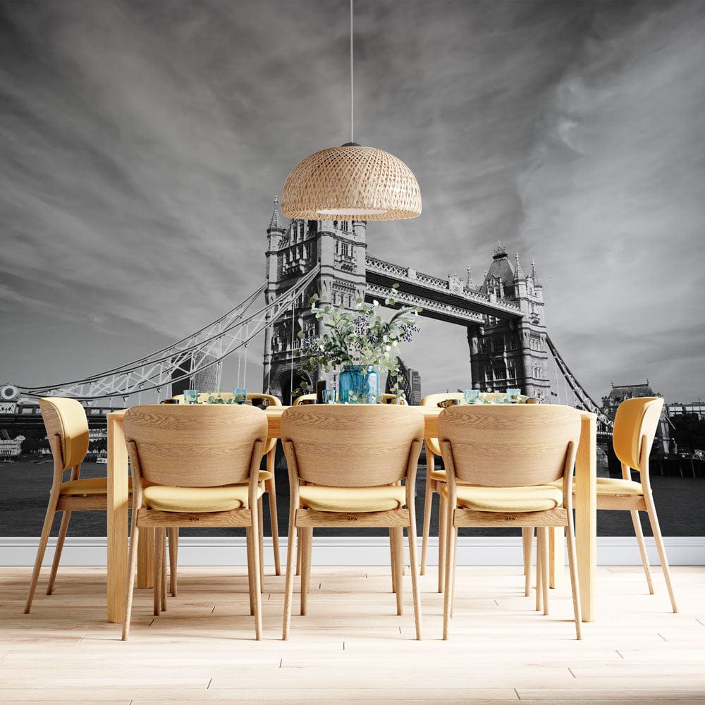 Wallpaper mural featuring a scene of the London Bridge in Grey for Use in Decorating the Dining Room