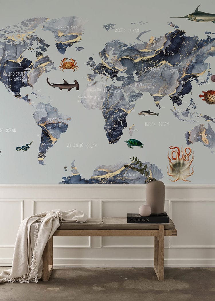 Wallcovering Mural in Grey with a Marble Map for the Hallway Decor