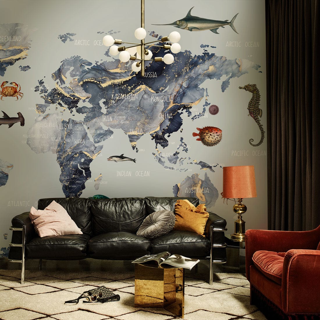 Decoration for the living room using a wallpaper mural of a grey marble map