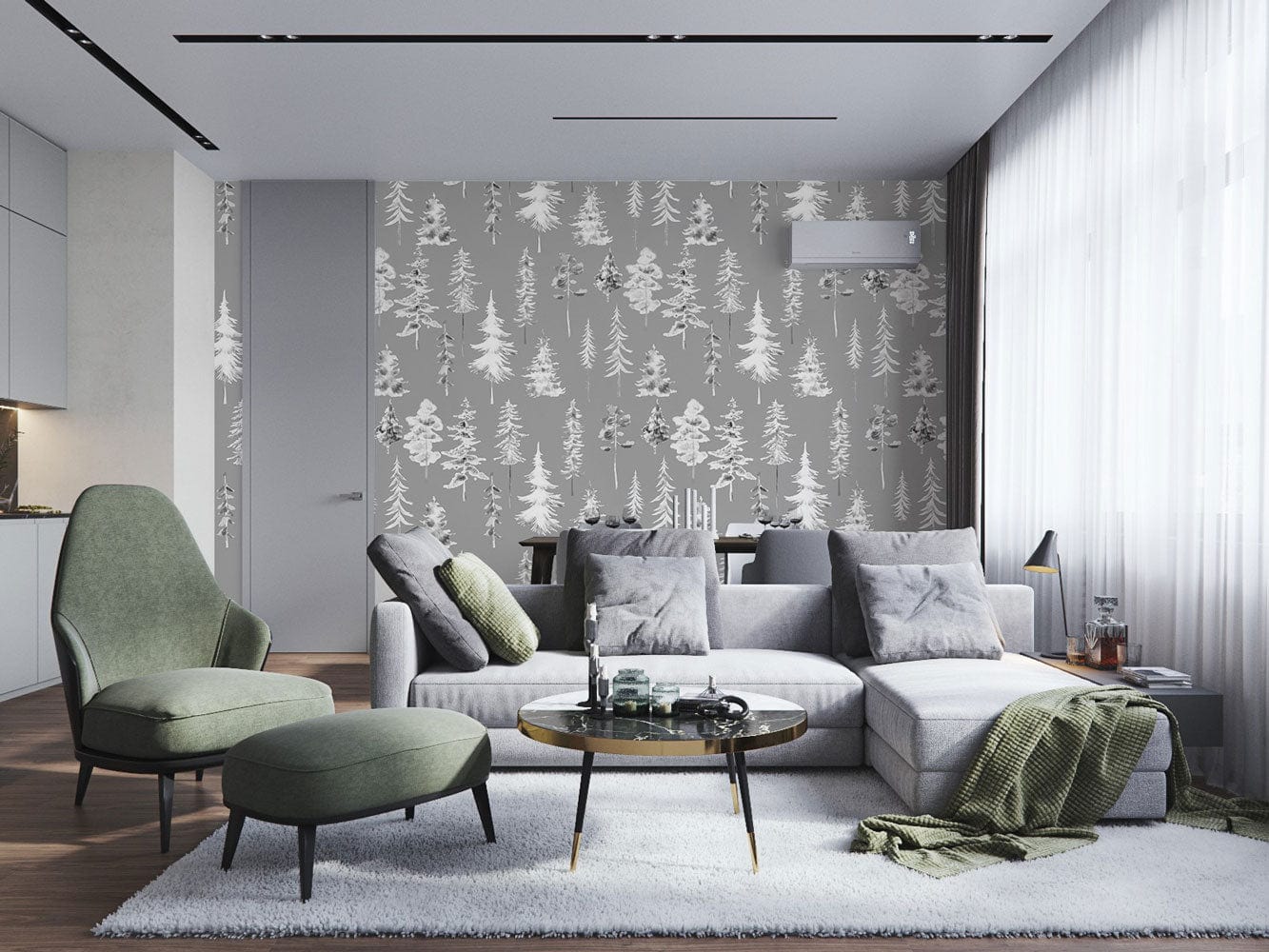 grey watercolor forest wall mural living room decor idea