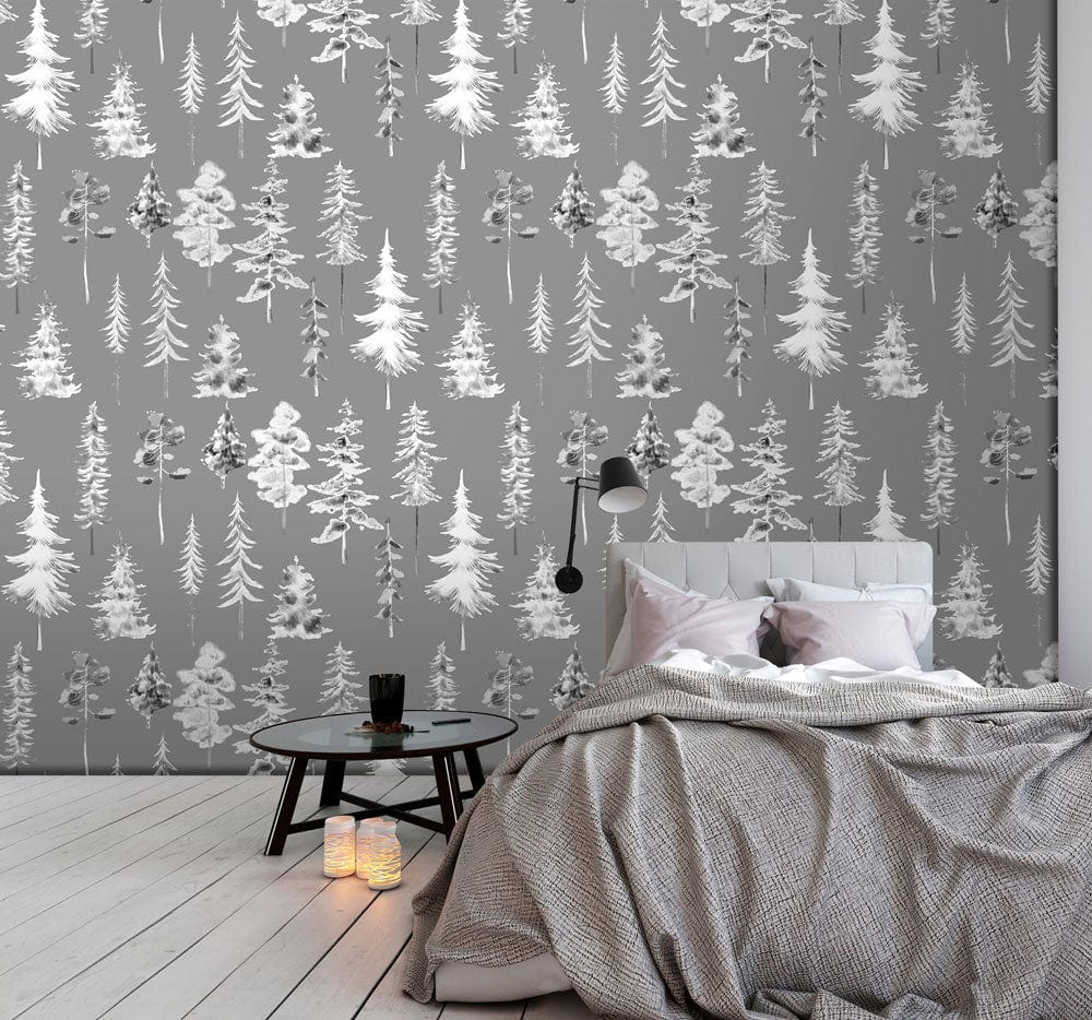 grey watercolor forest wall mural lounge decor idea