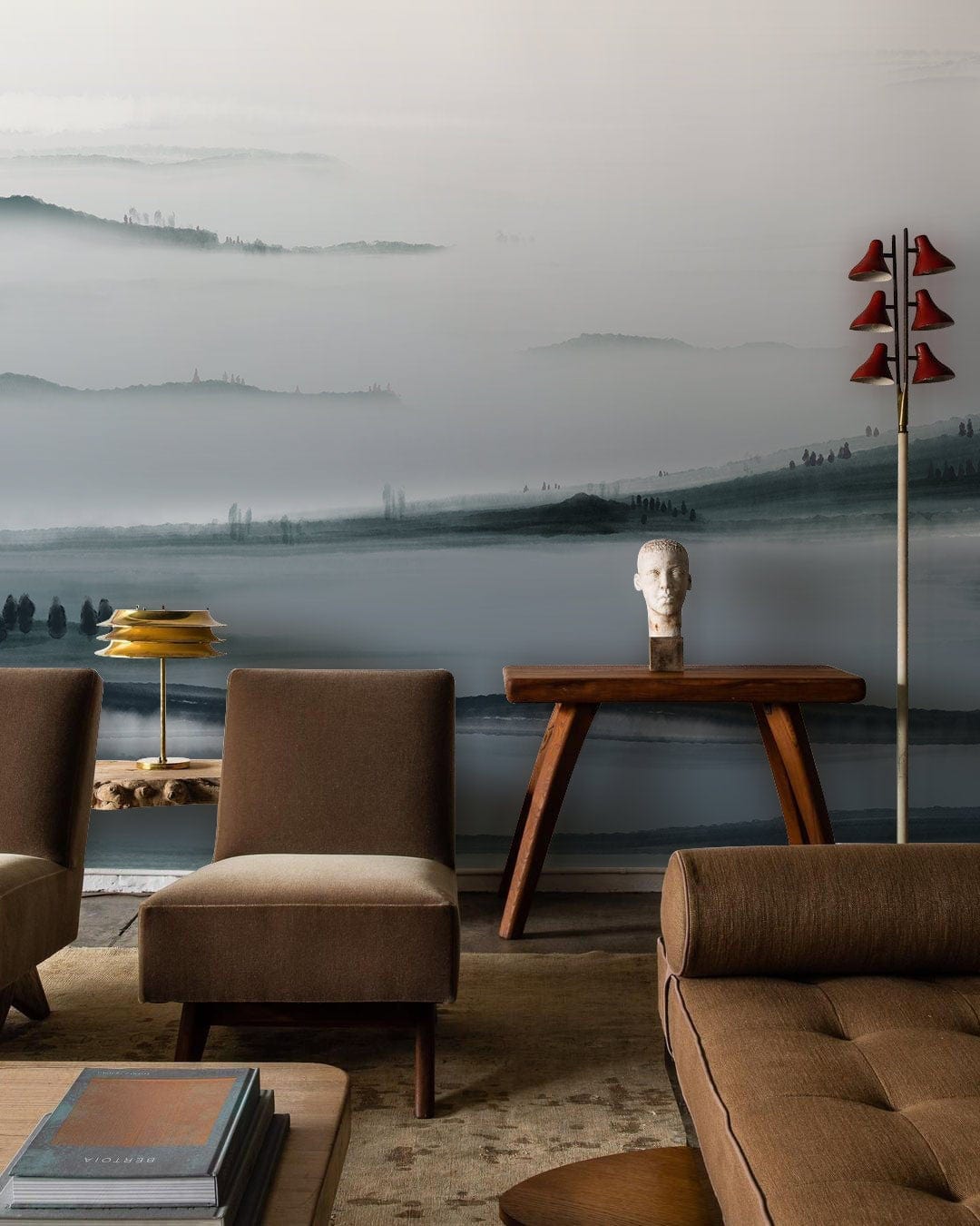 Misty Mountain Landscape Mural Wallpaper in living room