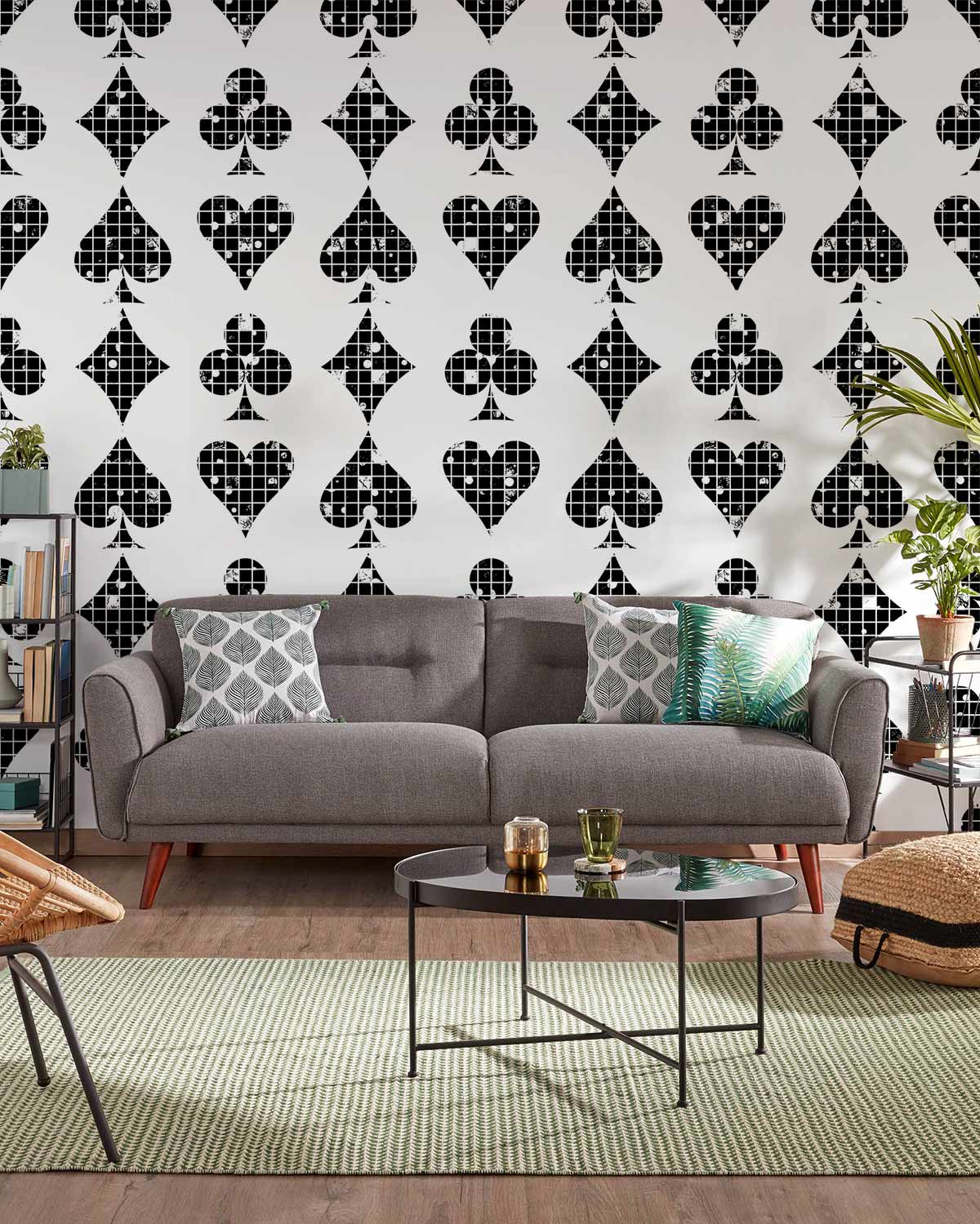 Hearts and plum blossoms adorn the living room, which is painted black.