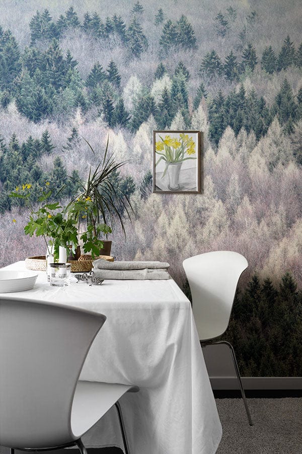 Diner Wall Mural with Snowy Forest Scenery in the Colder Months