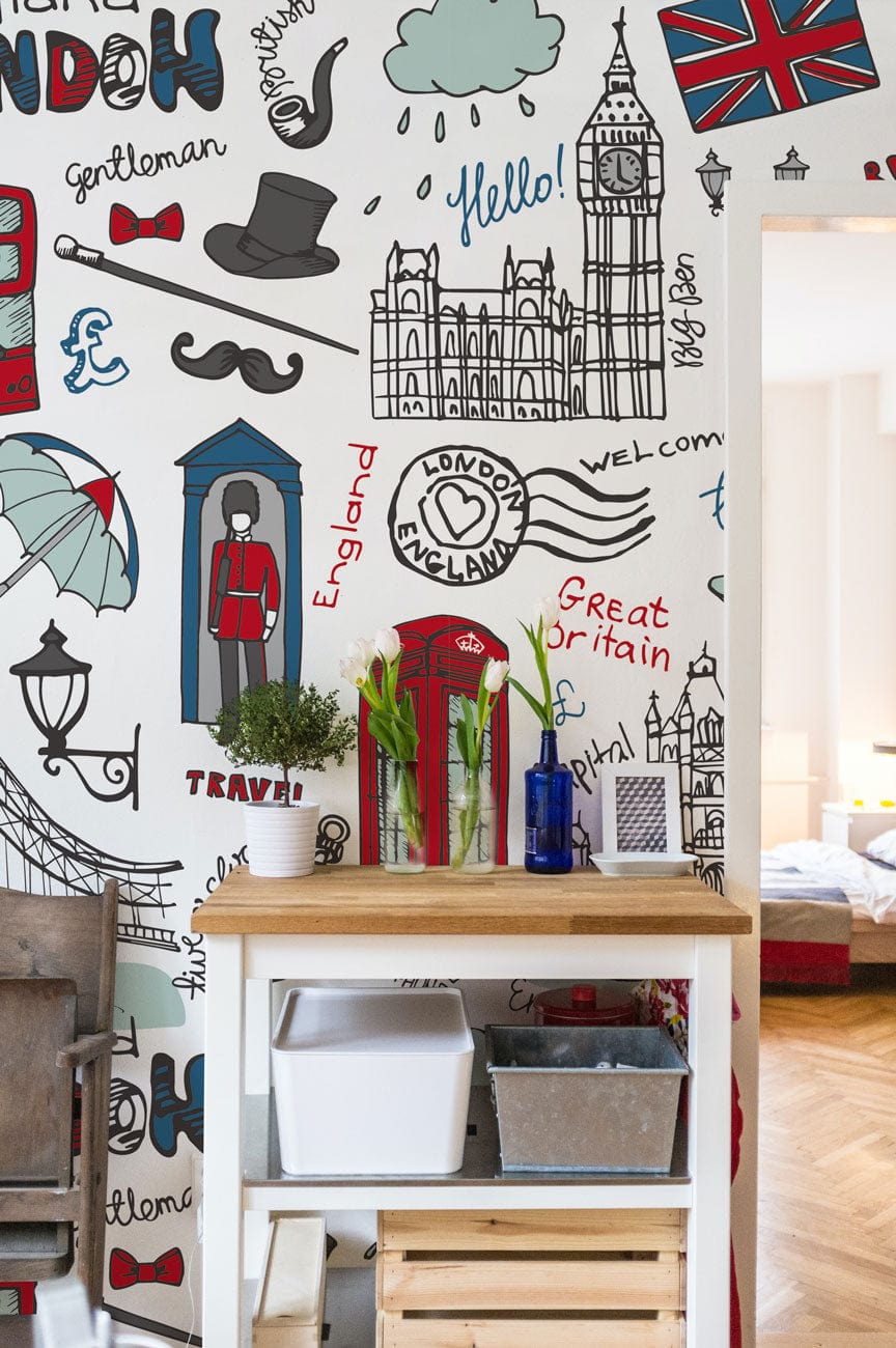 Hand-drawn London Architecture Wallpaper Mural for Use in Decorating the Living Room