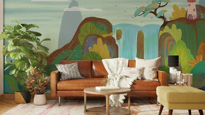 Enchanted Waterfall Forest Kids Mural Wallpaper in living room