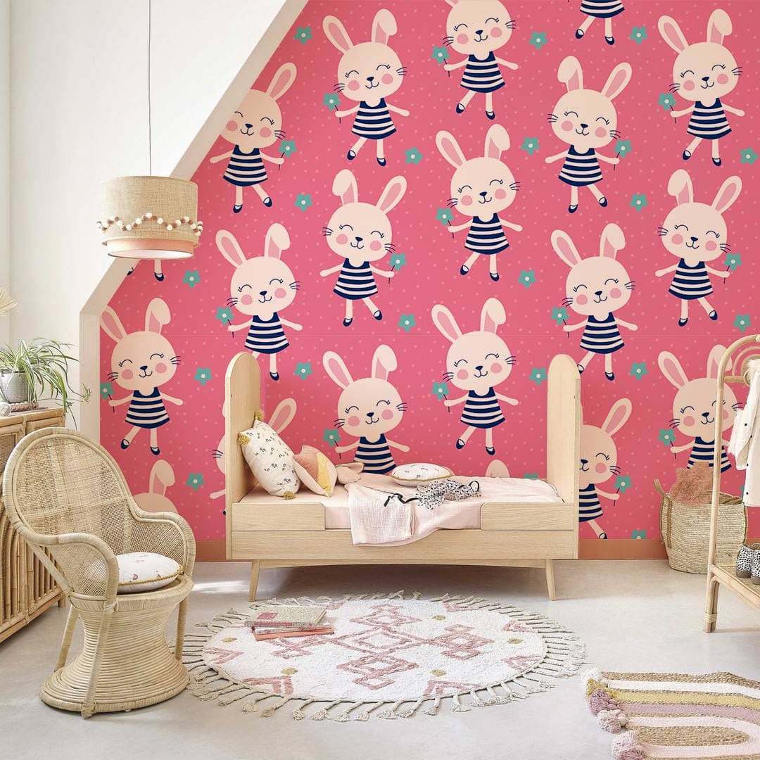 Happy Bunny Animal Pattern Wallpaper For Nursery Room