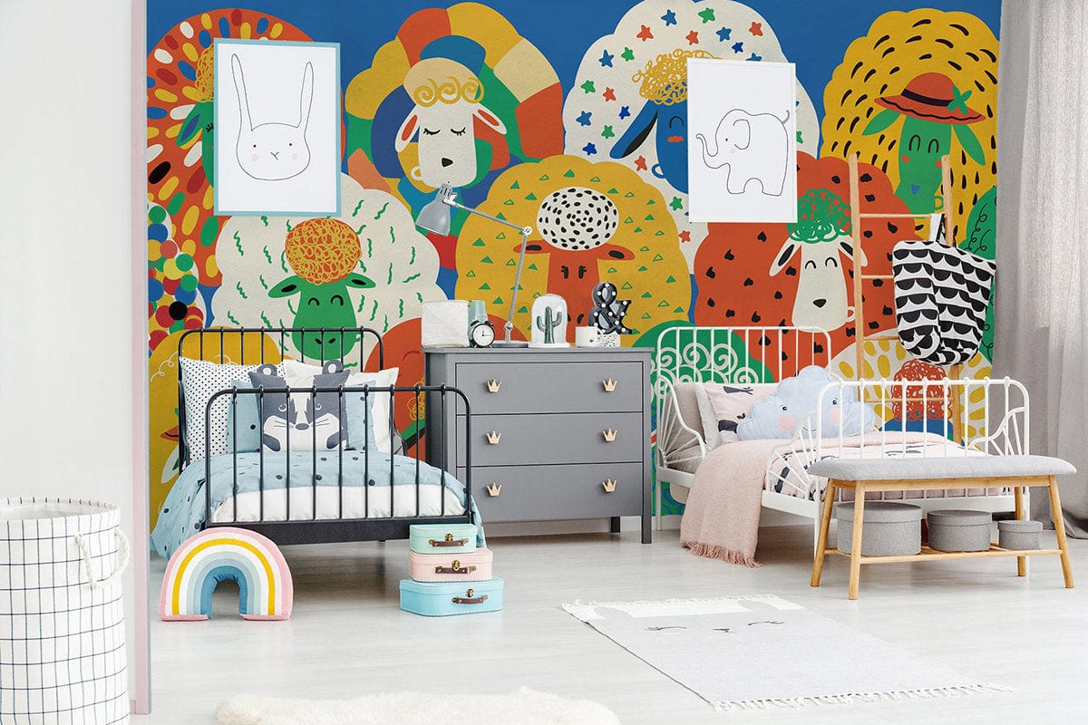 A wall mural with adorable lambs, each with their own distinct personalities, is a cheery way to decorate a child's bedroom.