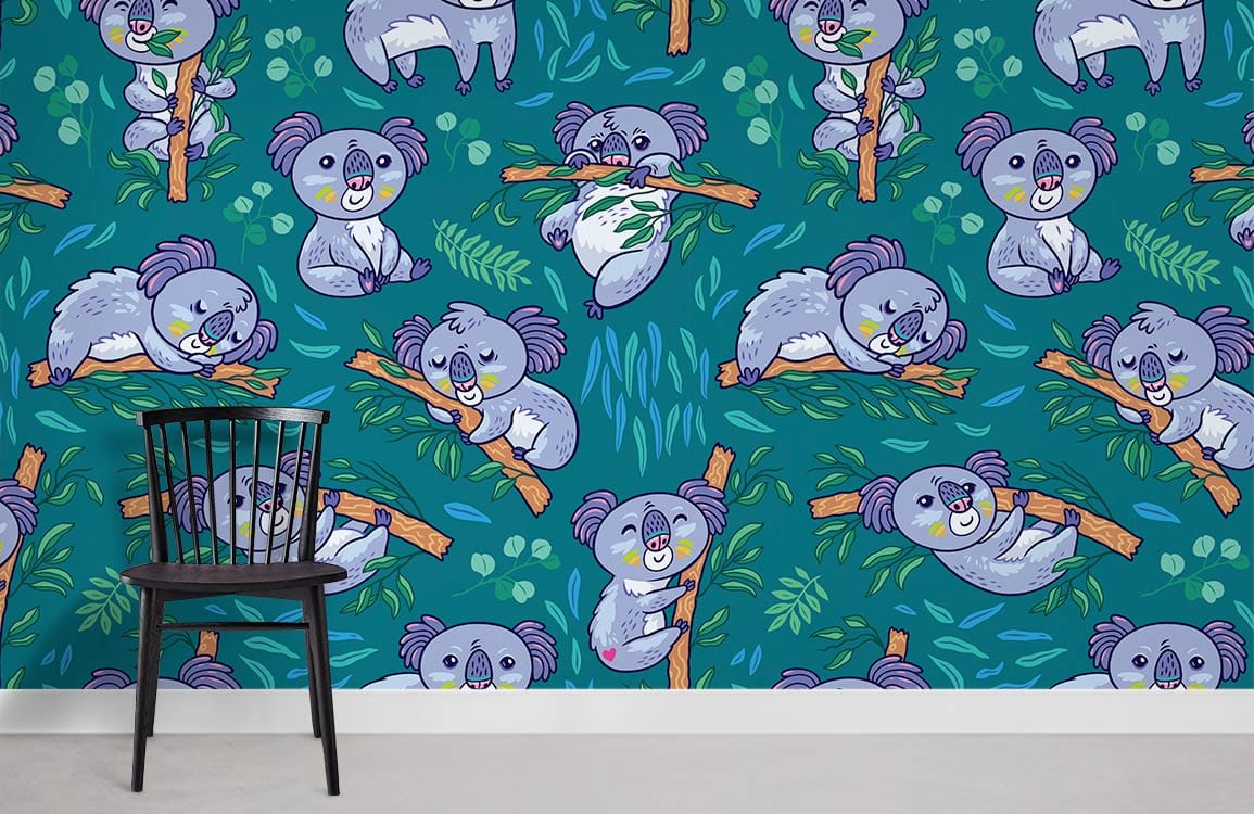 Happy Koala & Tree Green Wallpaper Room Decoration Idea