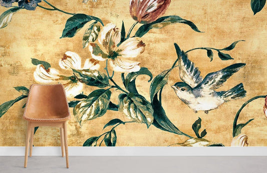 Vintage Botanical Bird Floral Wallpaper Mural