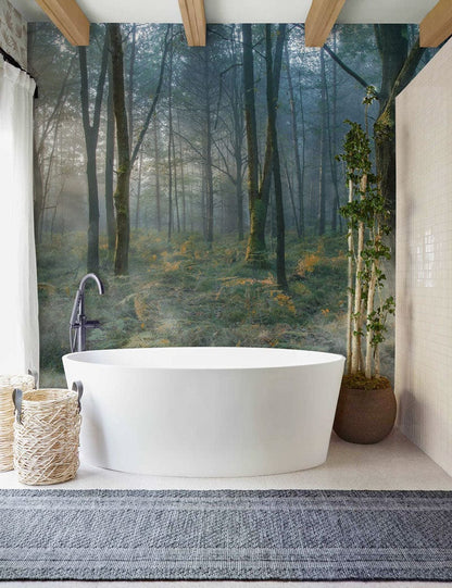 Haze-covered bare forest bathroom wall mural