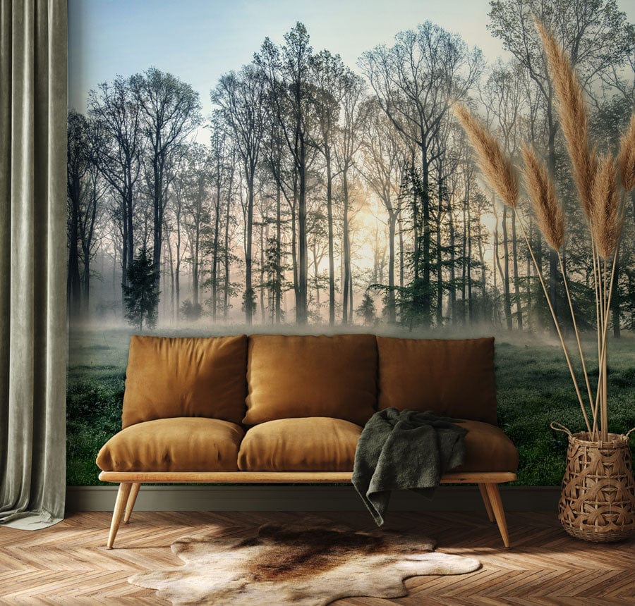 Living room mural wallpaper with a foggy cover of trees