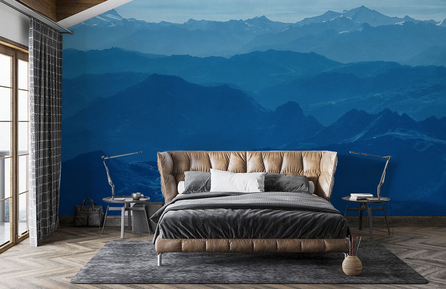 Wallpaper mural of hazy blue mountains for use as decor in bedrooms