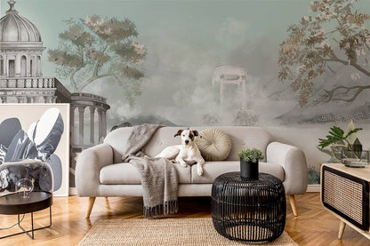 Misty Architectural Landscape Mural Wallpaper in living room