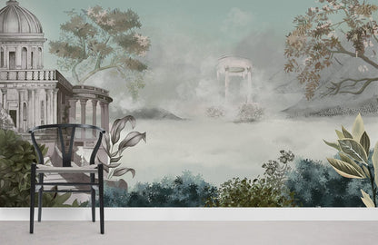 Misty Architectural Landscape Mural Wallpaper in .