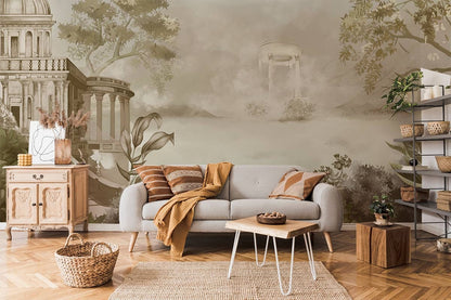 Vintage Greyscale Garden Landscape Mural Wallpaper in living room