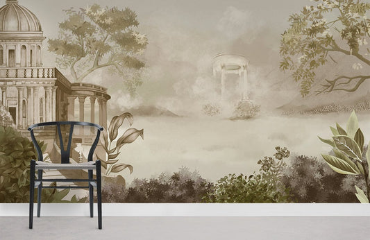 Vintage Greyscale Garden Landscape Mural Wallpaper