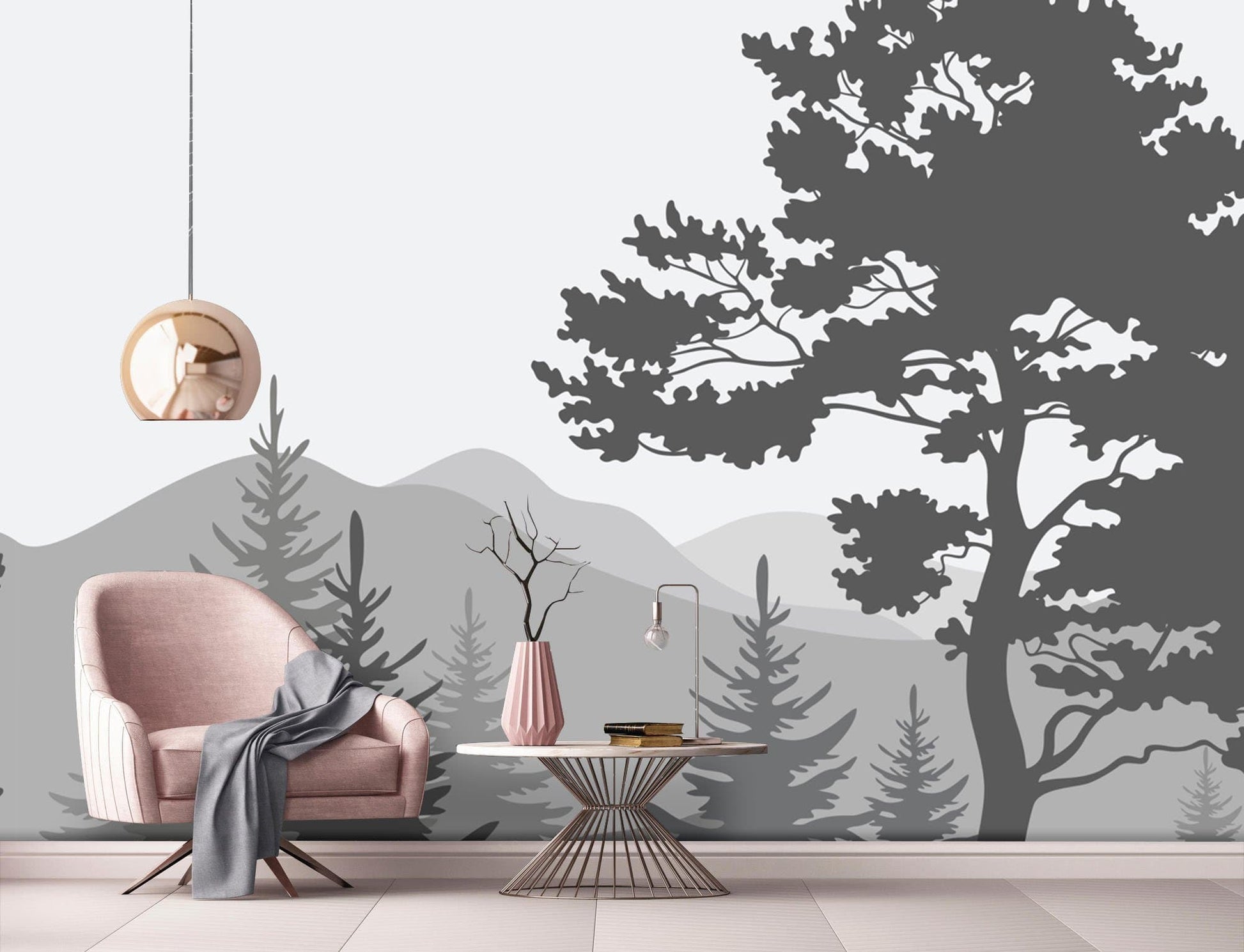 Decorate your living room with this hazy forest and mountain wallpaper mural.