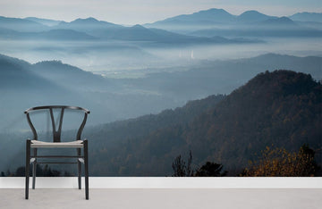 Misty Blue Mountain Landscape Mural Wallpaper