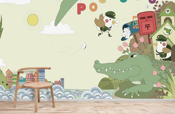 Whimsical Animal Post Office Mural Wallpaper