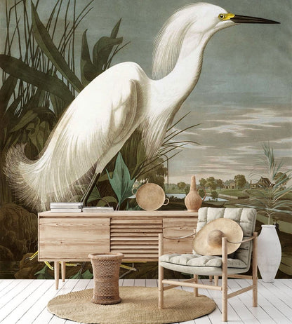 Vintage Bird Illustration Elegant Mural Wallpaper in living room