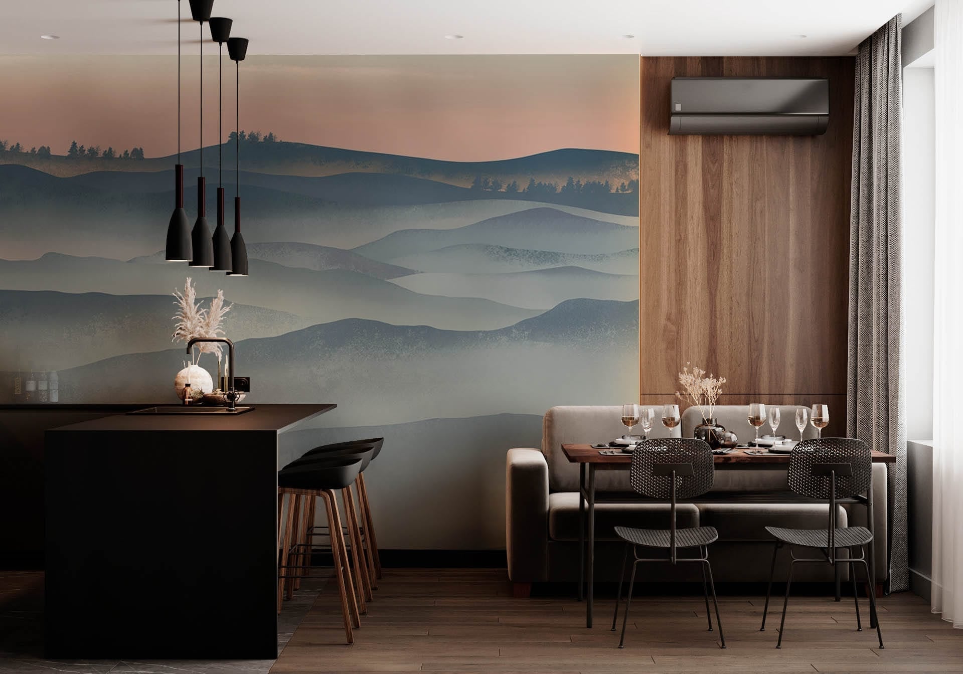 Wallpaper with a Landscape of Mountains and Hills for the Dining Room