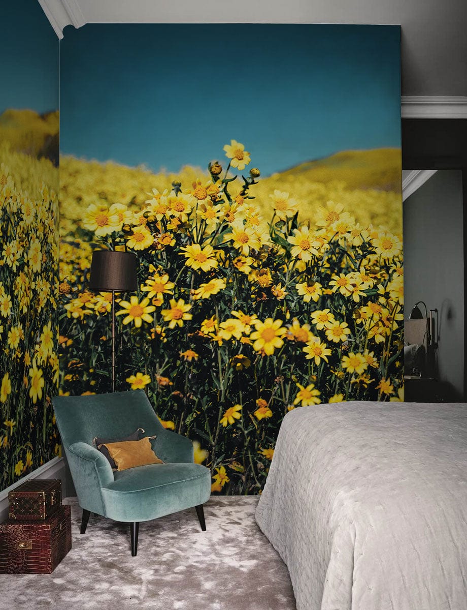 Wallpaper mural depicting a hilltop wildflower field, perfect for use in the decor of a bedroom