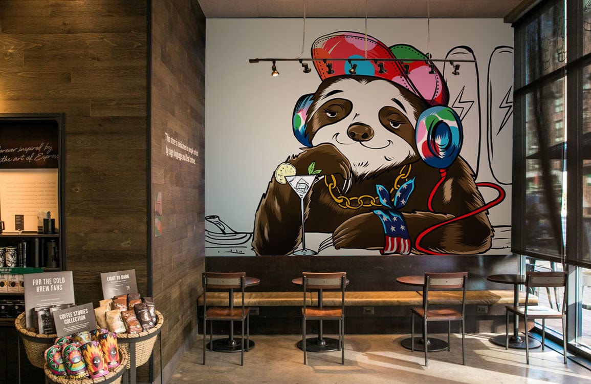 Hiphop Sloth Wallpaper Mural for Use in Restaurant Decorations