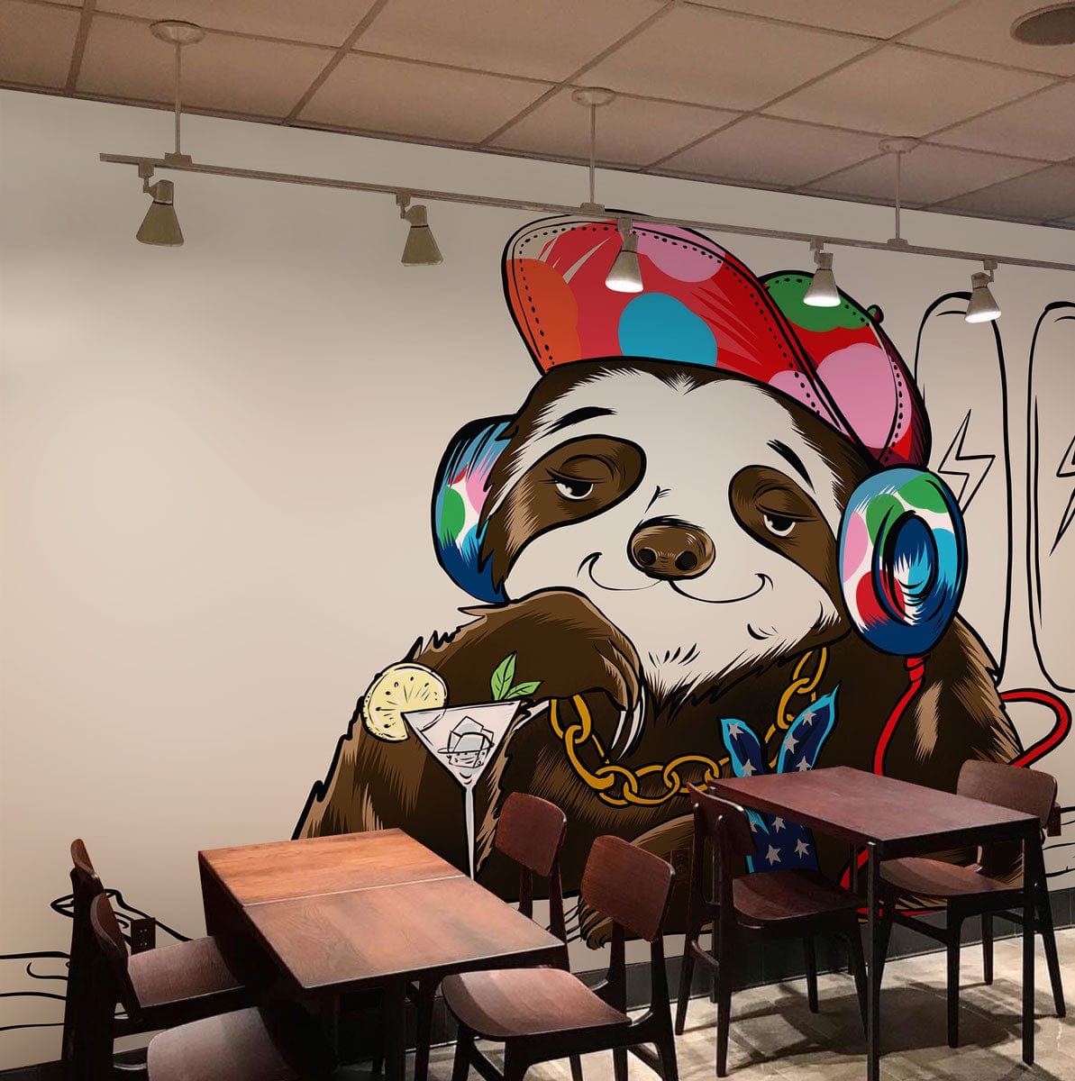 Hiphop Sloth Wallpaper Mural for the Decoration of Restaurants