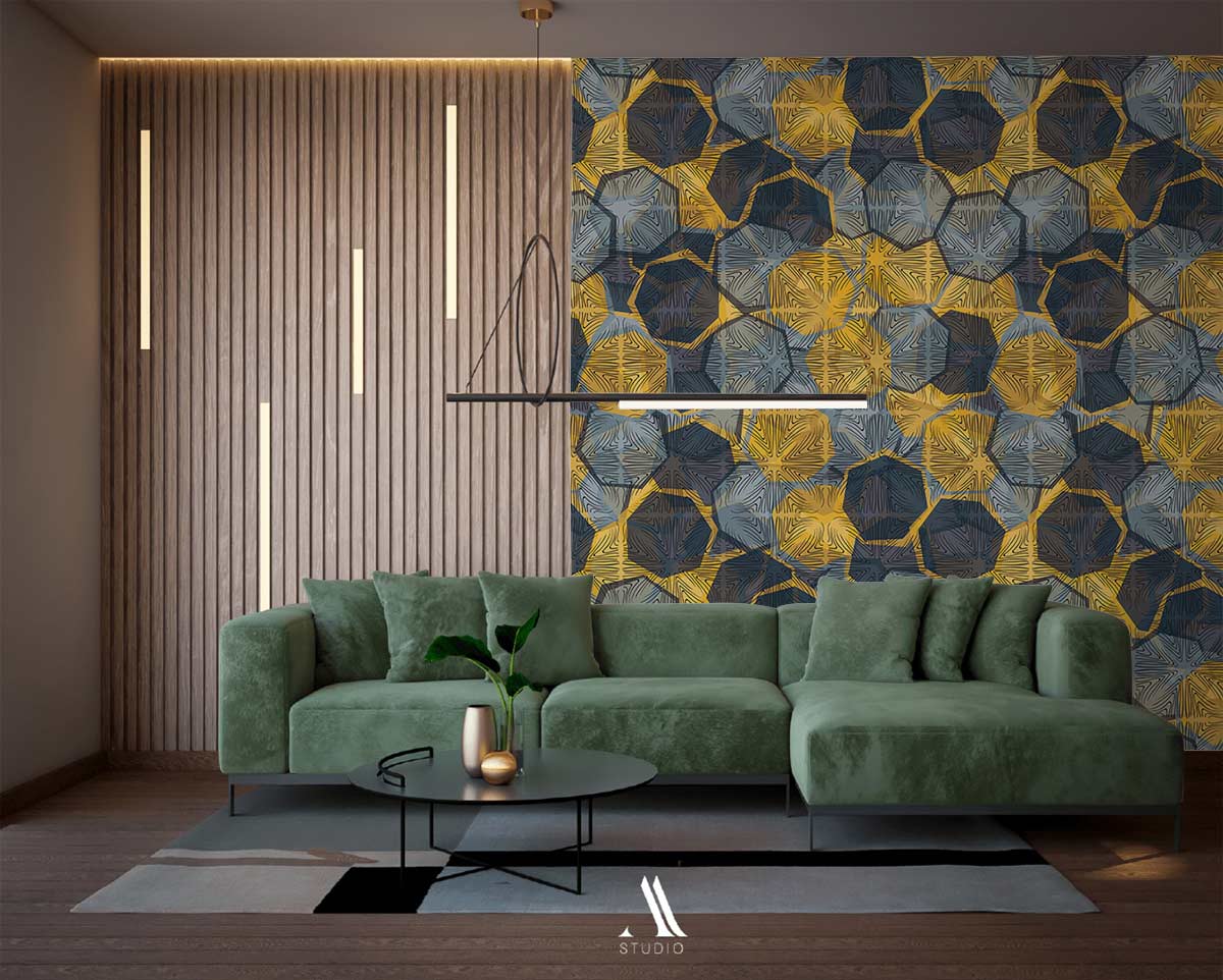 Geometric Navy Gold Abstract Mural Wallpaper in living room