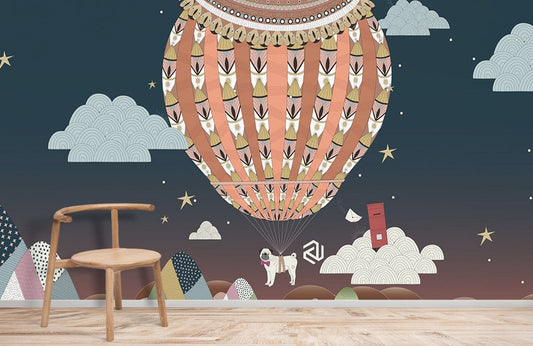 Wallpaper mural with a hot air balloon for use in home decoration
