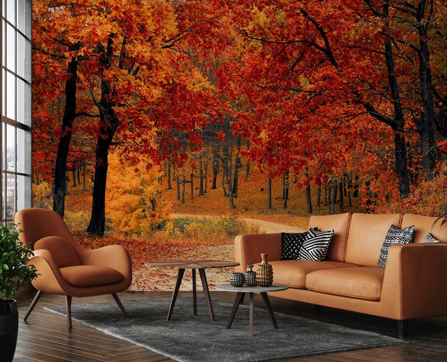 Wallpaper mural featuring a fiery forest scene, ideal for use in the living room