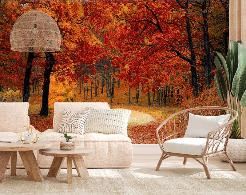 Hot Red Woods Scenery Wallpaper Mural for Use as Decoration in the Living Room