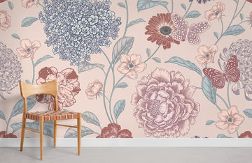 Vintage Floral Pink Butterfly Mural Wallpaper