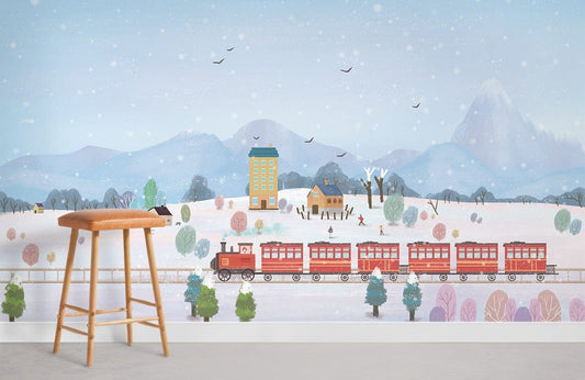 Winter Train Landscape Kids Mural Wallpaper in playroom