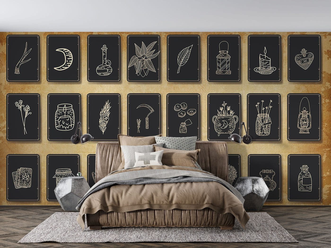Wallpaper mural with an icon pattern for use as a bedroom decoration