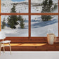 wallpaper mural for home decoration featuring snowy mountains seen from a window.