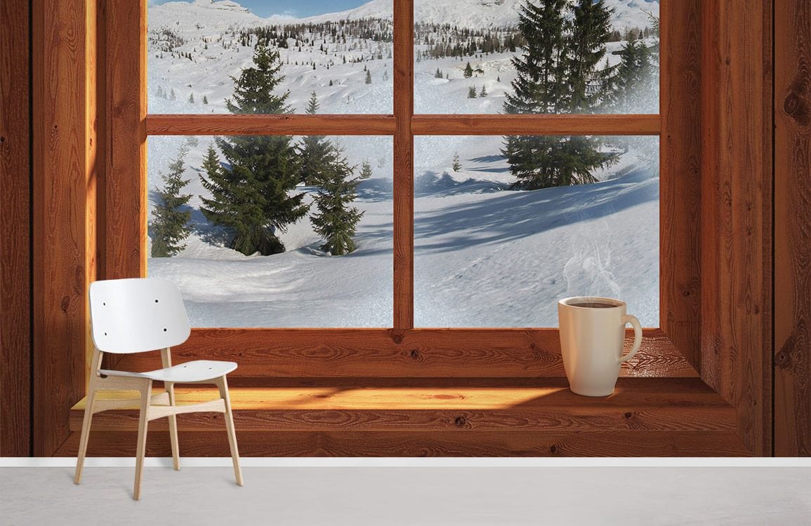 wallpaper mural for home decoration featuring snowy mountains seen from a window.