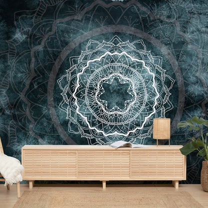 bespoke wallpaper mural for the hallway with a mysterious white pattern on a jasper-colored background