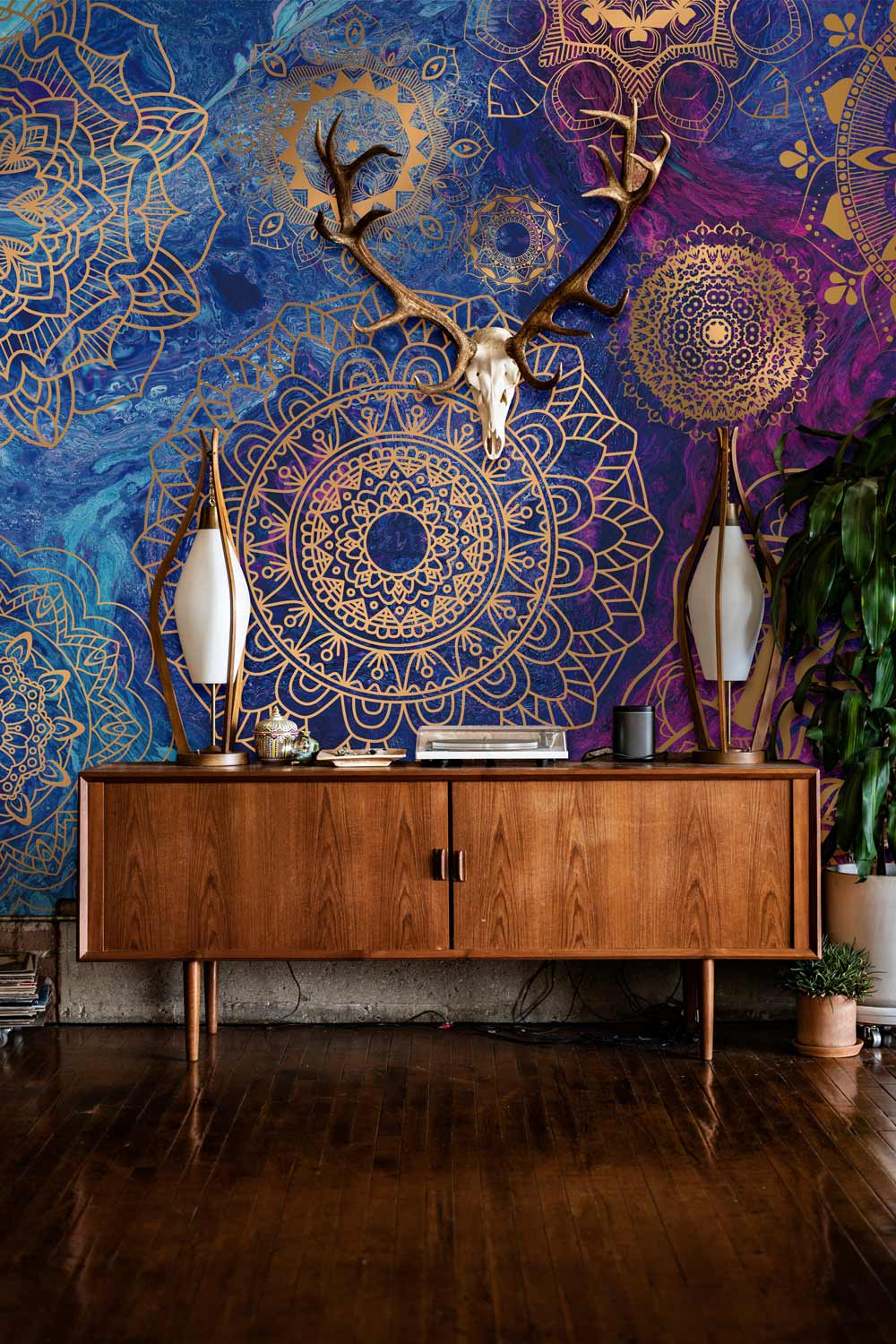hallway wall murals with enigmatic golden Mandala designs and a galaxy-inspired color scheme