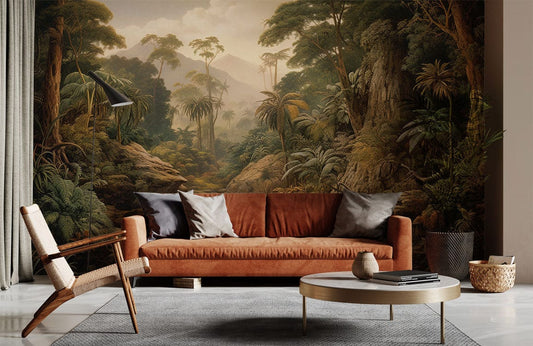 Tropical Jungle Waterfall Scenic Mural Wallpaper in living room